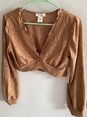 URBAN Romantics Brown Eyelet Cropped V-Neck Blouse
